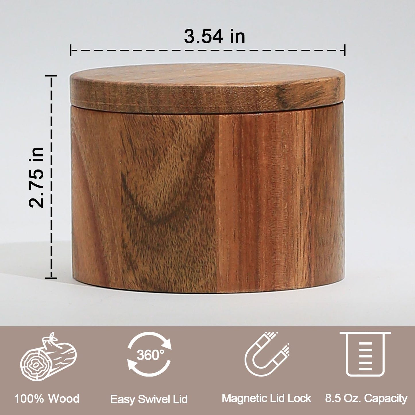 MeowAroma Salt Cellar with Lid, 1 Cup Acacia Wood Salt Container with Swivel Cover for Spice/Herbs/Seasonings, Wooden Salt Holder Box for Charcuterie/Kitchen, 8.5 oz
