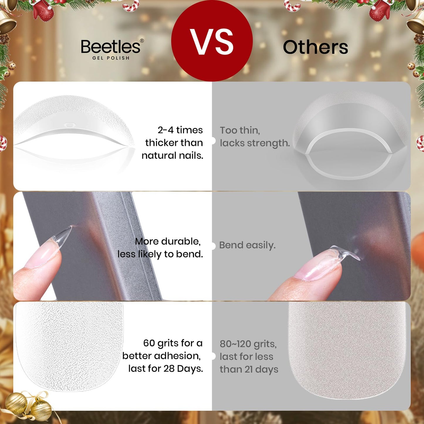 Beetles Gel Nail Tips Etch-X, Almond Short Christmas Limited Set, 288pcs 12 Sizes, Pre-Etched Half Matte Full Cover Soft Acrylic False Nail Tips Almond Shape Easy DIY Extension Salon Gift for Women