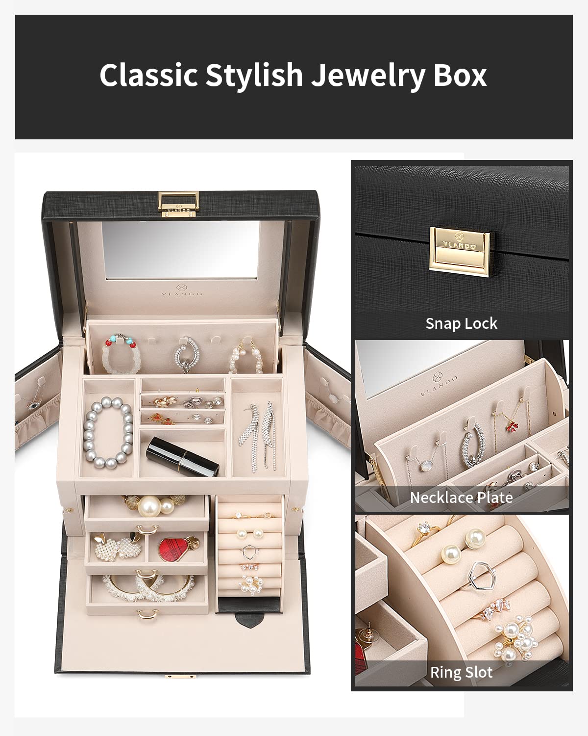 VLANDO Jewelry Box Organizer for Girls Women, Large Baroque Jewelry Holder Organizer with Mirror, 3 Drawers for Bracelets, Earrings, Rings, Necklaces, Mothers Day Gifts for Loved One, Black