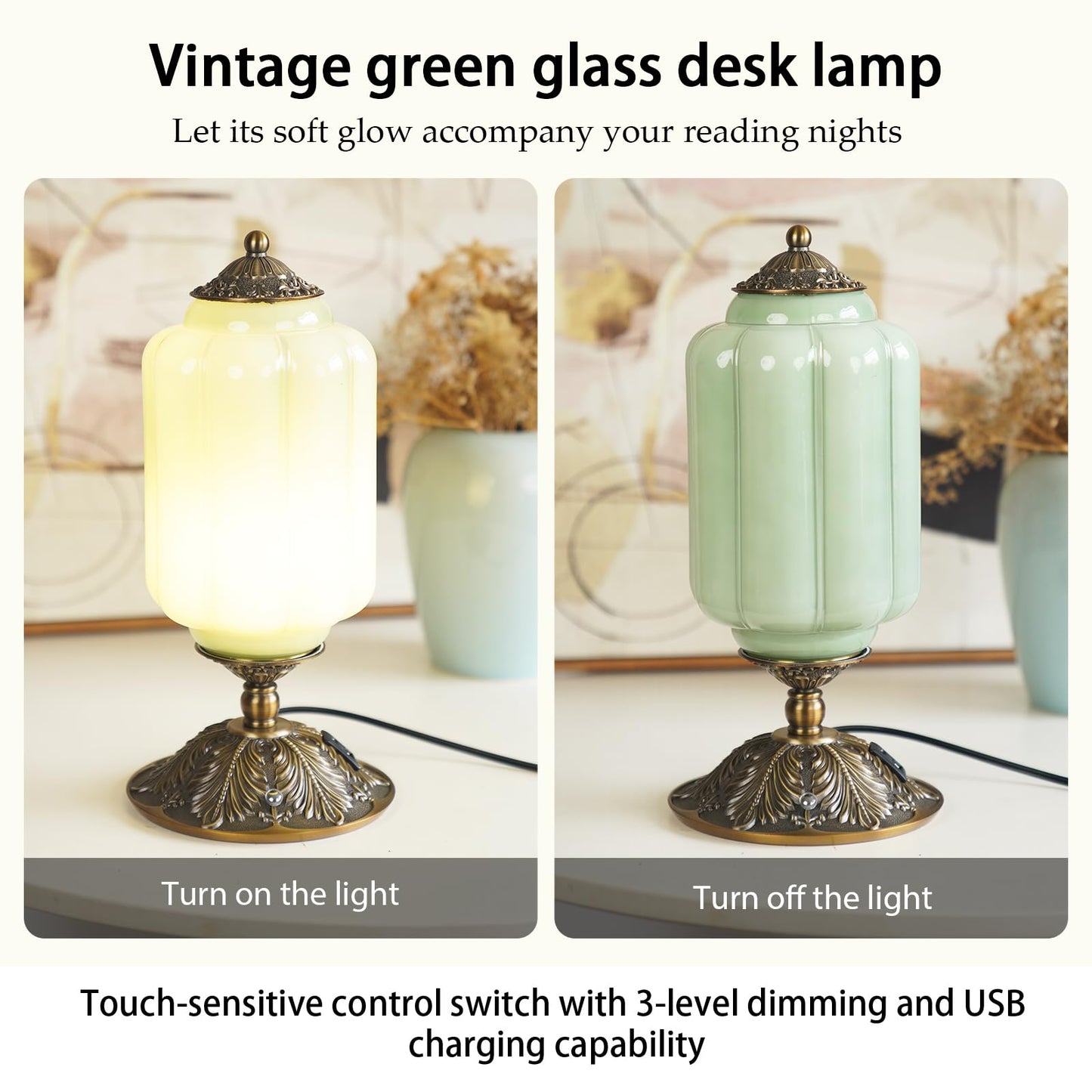 Milk Glass Touch Table Lamp, Elegant Green Jadeite Glass Bedside Desk Lamp 3 Way Dimmable with USB C+A Charging Ports - Bedroom Nightstand & Living Room Essential, 4W Bulb Included (Green, 6.5)