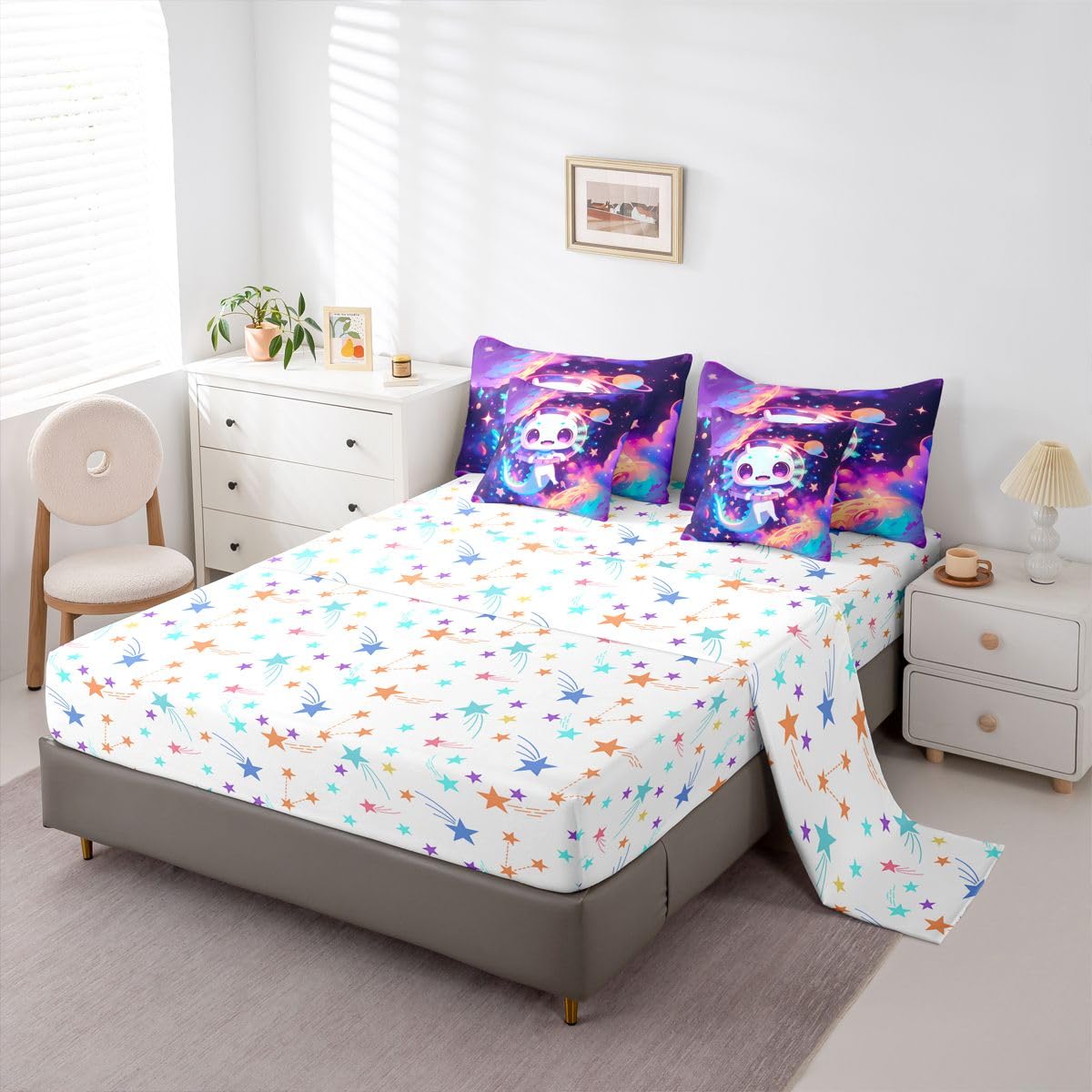 Erosebridal Kids Cute Axolotl Queen Bedding Set for Girls Teens Galaxy Planet Space Comforter Set Purple Dreamy Starry Sky 7-Piece Bed in a Bag Princess Axolotl Reptile Animal Quilt Sets