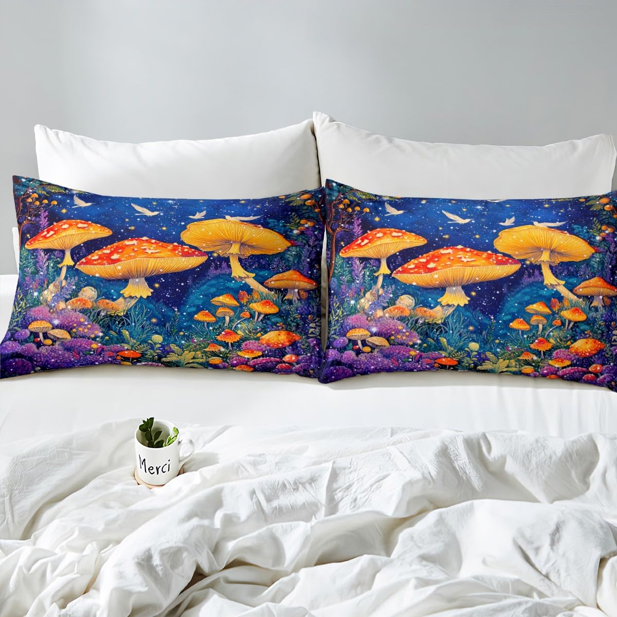Feelyou Cute Mushroom Decor Bed Sheets Set Natural Mushrooms Sheet Set for Kids Boys Girls Teens Dreamy Fungus Sheets with Deep Pocket Fitted Sheet Queen Size Wild Mushroom Stuff Bedding Set 4Pcs