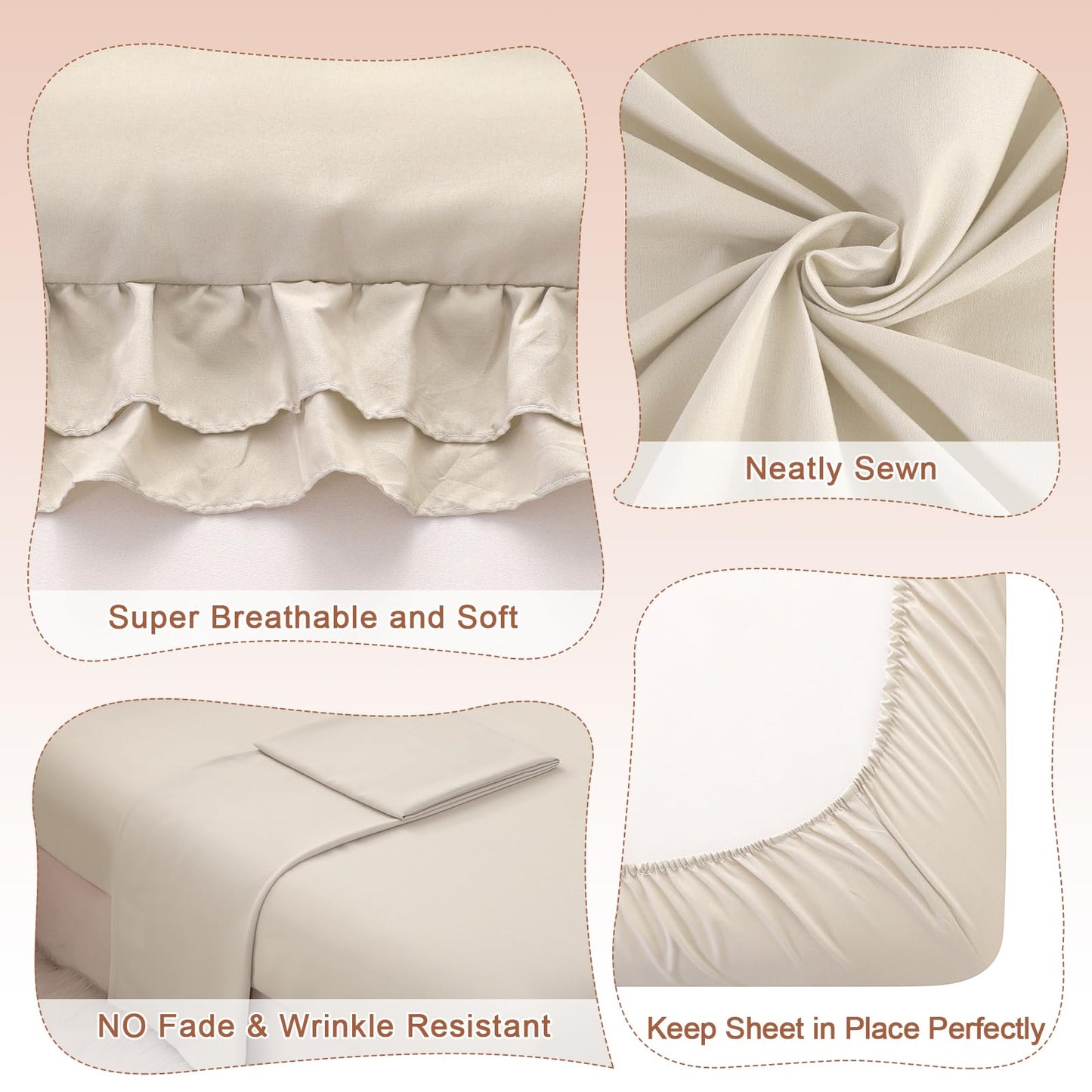 Wowelife Toddler Bedding Set for Girls, 4 Piece Double Ruffles Soft and Breathable Crib Bedding Set for Boys and Girls, Includes Quilted Comforter, Fitted Sheet, Flat Sheet and Pillowcase, Pale Beige