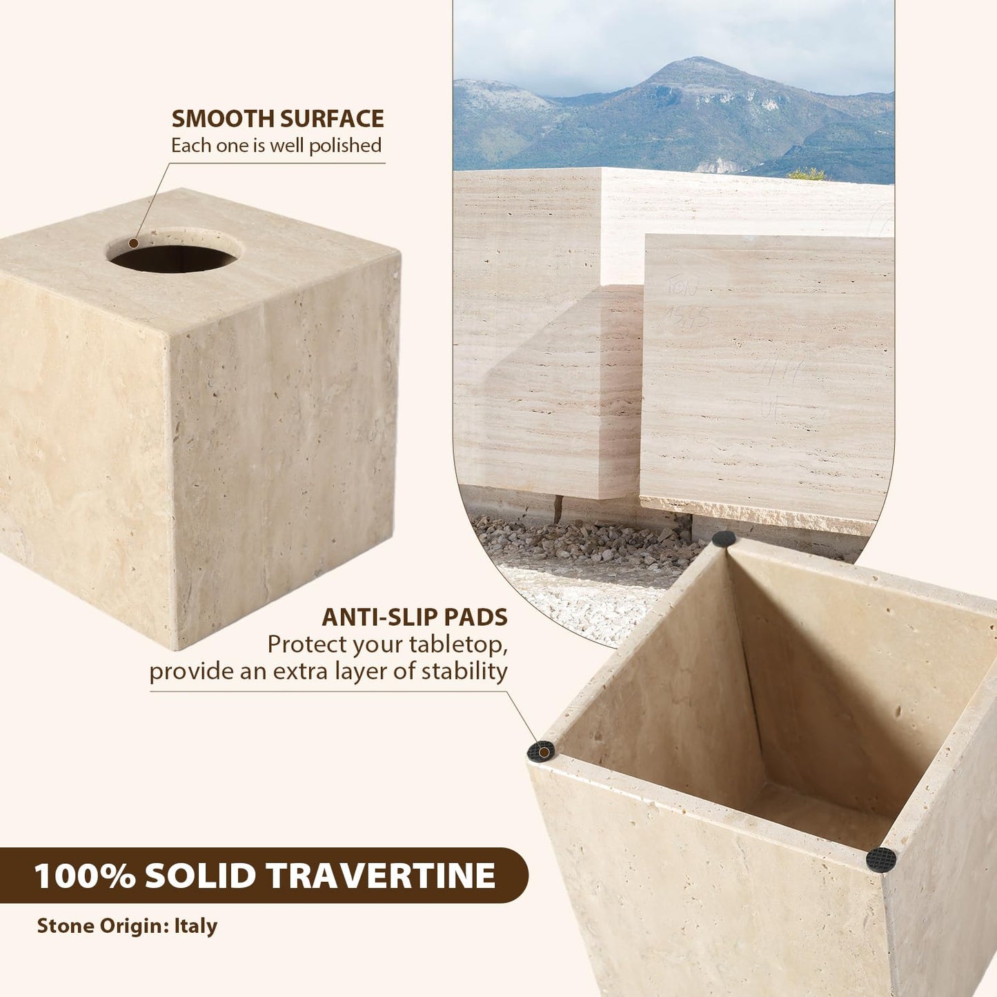 Koville Marble Tissue Box Cover, Heavy Square Tissue Cube Cover Tissue Organizer with Open Bottom for Countertop, Decorative Stone Facial Tissues Boxes Holder for Bathroom Bedroom Kitchen (Beige)