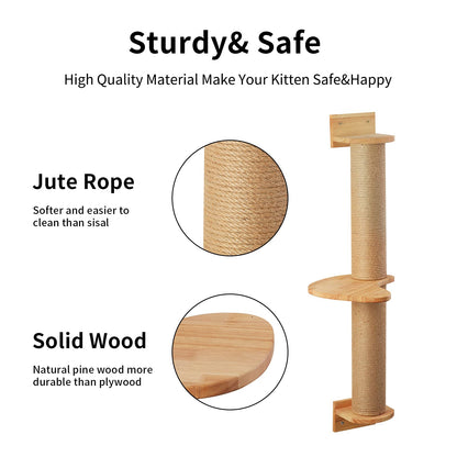 FUKUMARU Cat Activity Tree with Scratching Posts, Wall Mounted Jute Scratcher Pine Hammock, Natural Rubber Wood Material