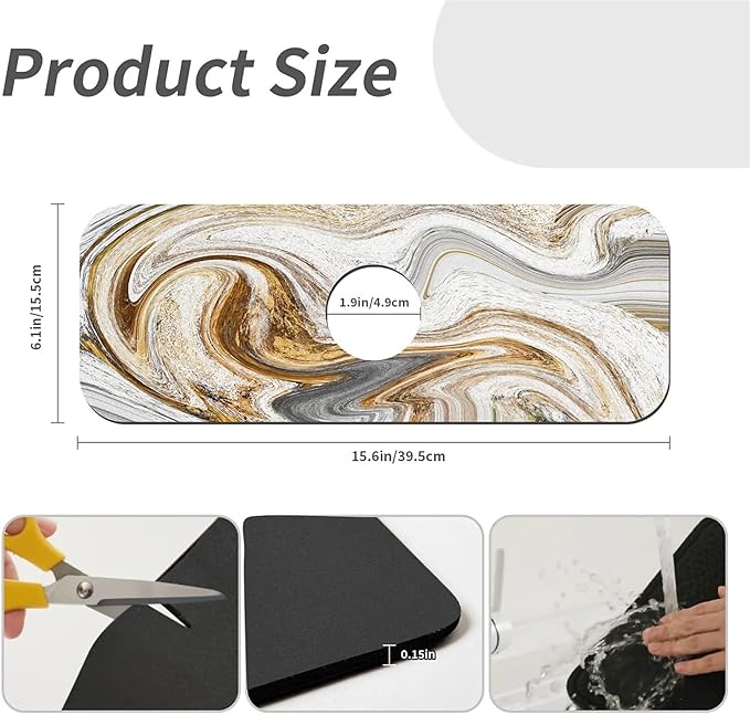 Kitchen Sink Splash Guard，White-grey gold marble Faucet Mat Sink Gadgets-Super