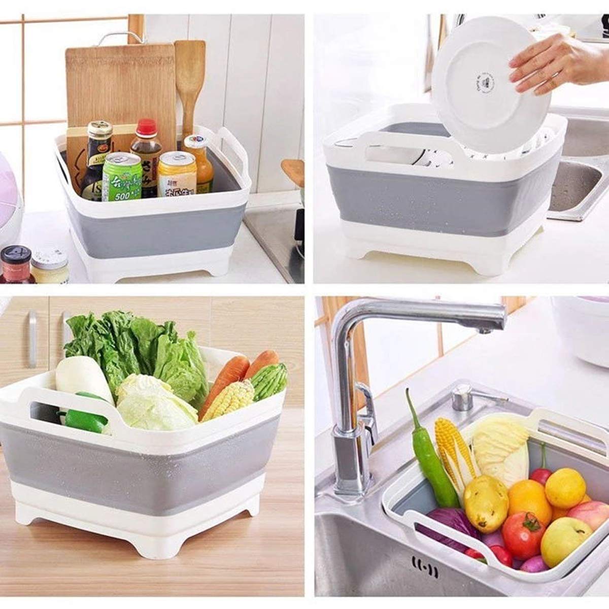 Leemeimei 9L (2.4Gal) Dish Basin Collapsible with Drain Plug Carry Handles,Kitchen Storage Tray Dish Wash Basin, Portable Dish Tub, Foldable Dishpan for Camping,RV,Gray