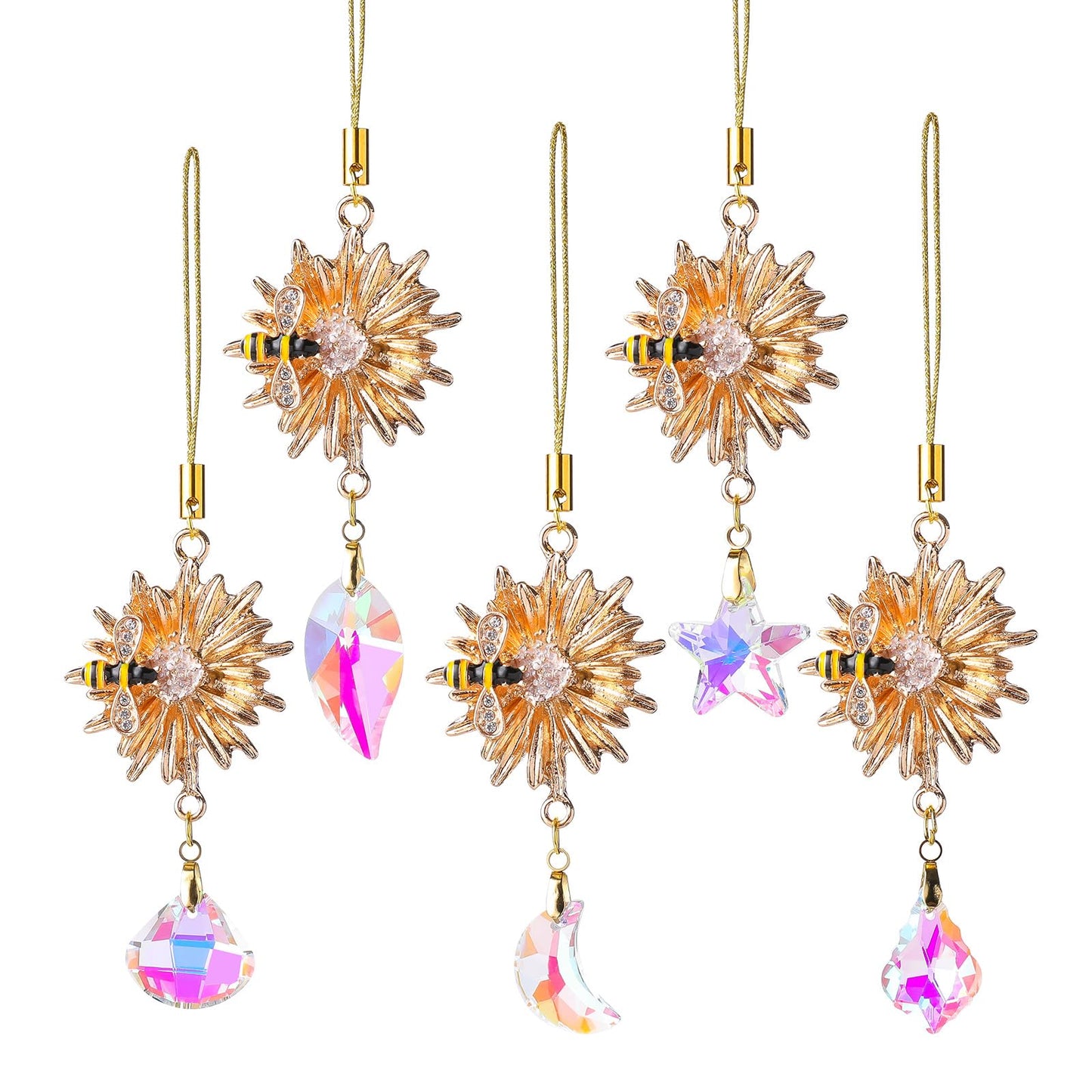 5Pcs Crystal Suncatchers Glass Prisms Christmas Tree Decorations Gold Flower Bee Hanging Crystal Ornament Wedding Party Home Decor