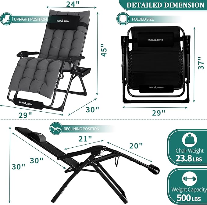 UDPATIO Oversized Zero Gravity Chair 29In XL Patio Reclining Chair with Cushion, Outdoor Folding Recliner with Pillows|Cup Holder|Foot Rest|Padded Headrest, Dark Grey, Support 500LB