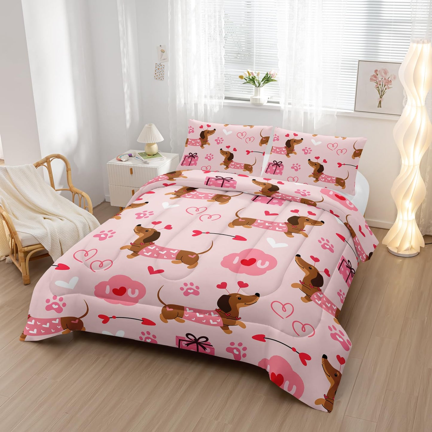 Nttopship Kids Cute Cartoon Dog Comforter Set 3 Piece Dog Bedding Set Twin Size for Kids Cute Pink Dogs Bedding Bed in A Bag Lovely Dog Alternative Room Decor 1 Comforter and 2 Pillowcases