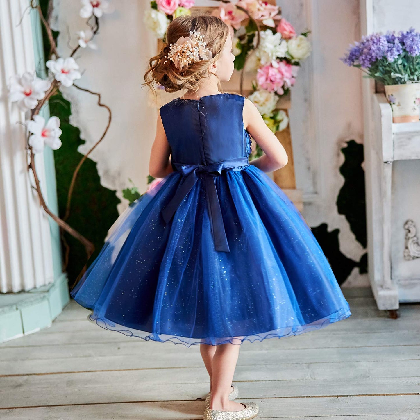 NNJXD Girl Sleeveless Lace 3D Flower Tutu Holiday Princess Dresses Size 7-8 Years Deep Blue