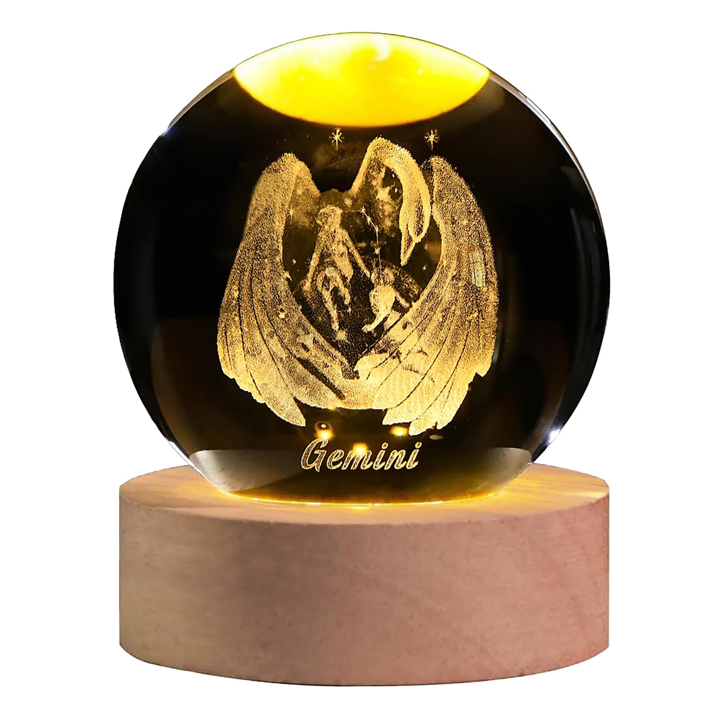 QIANCHANG 3D Laser Etched Gemini Crystal Ball with LED Light Stand, Constellation Decor Glass Sphere Lamp, Zodiac Astrology Birthday Gifts for Women Kids
