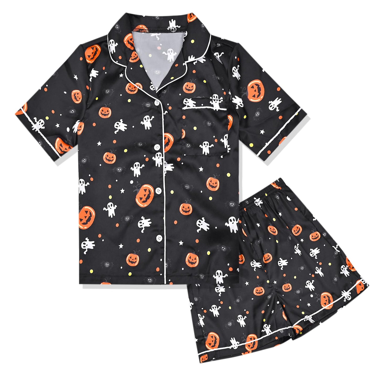 QPANCY Satin Kid Pajamas Big Girls Silk Pjs Set Boys Sleepwear Button-up Lounge Sets Halloween Short Sleeve Nightwear Pumpkin Black Size 10 11