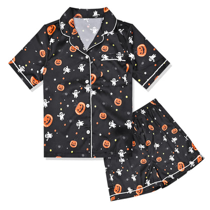 QPANCY Satin Kid Pajamas Big Girls Silk Pjs Set Boys Sleepwear Button-up Lounge Sets Halloween Short Sleeve Nightwear Pumpkin Black Size 10 11