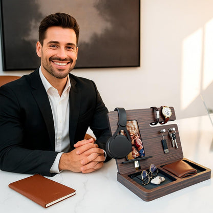 Namore Nightstand Organizer for Men – Wood Phone Docking Station & Bedside Valet Tray Organizer for Wallet, Watch & Keys – Unique Gifts for Men, Husband, Dad