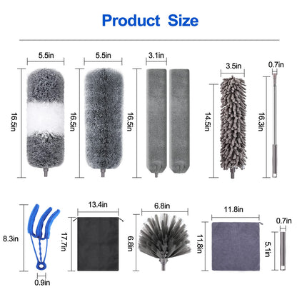 Microfiber Duster Kit (11PCS) - Washable Dusters with Extension Pole (30 to 100 in) for Cleaning Ceilings, Fans, Furniture