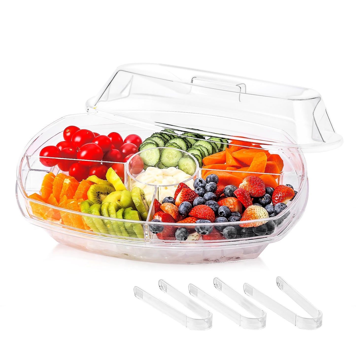 IVYHOME Fruit Ice Serving Tray, Chilled Veggie Tray, Shrimp Cocktail Serving Dish, Appetizer Serving Platter for Parties, with Lid and 4 Compartments