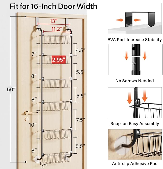 Delamu Narrow Over the Door Pantry Organizer, 6-Tier Metal Pantry Door