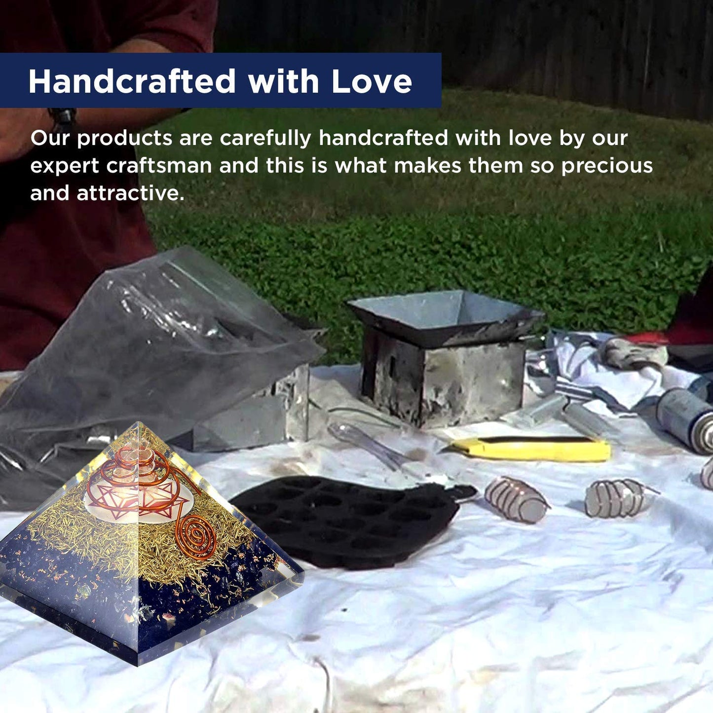Orgonite Crystal Orgone Pyramid Energy Generator – Earth Star Chakra Symbol Orgonite with Black Tourmaline and Brass Metal – Crystal Pyramid for Meditation, Yoga, and Décor