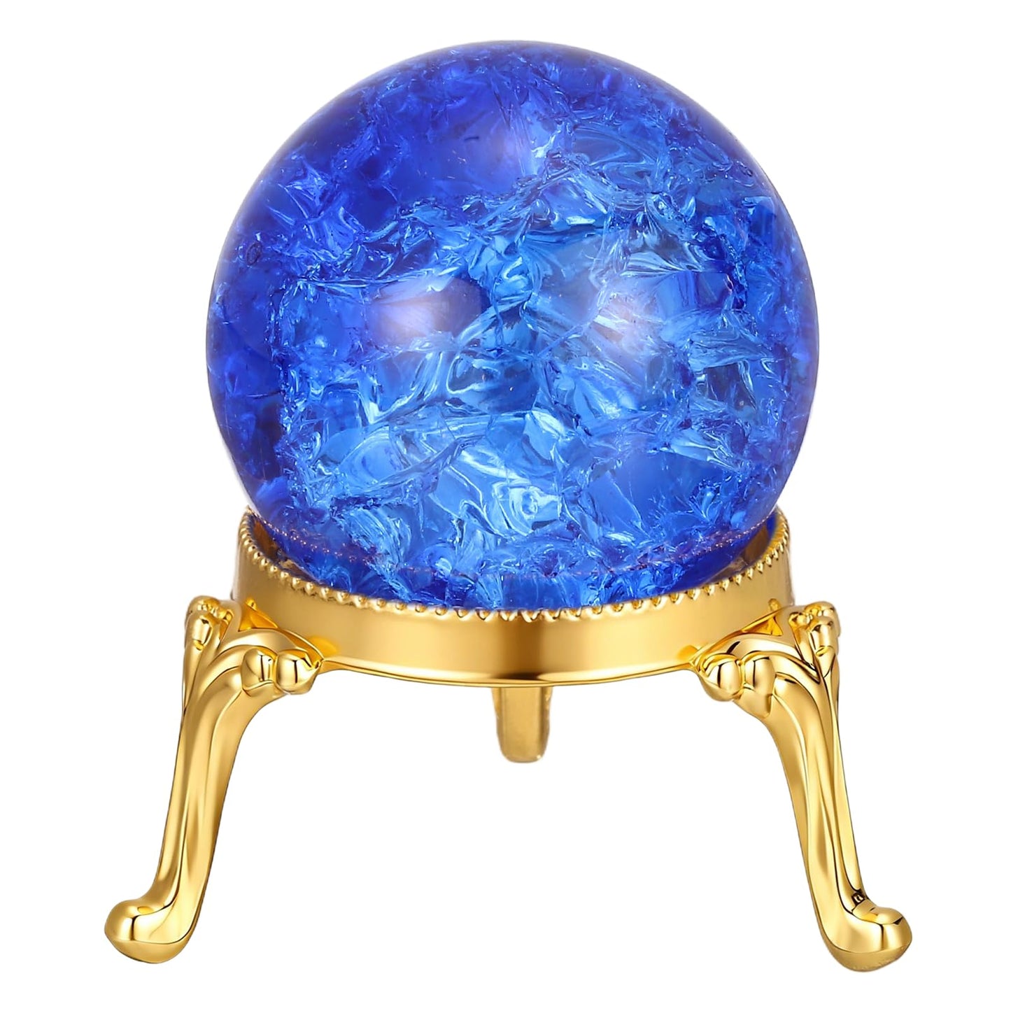 PATIKIL Crystal Ball 40mm, Ice Cracked Glass Ball with Metal Stand, Decorative Crystal Sphere Glass Paperweight for Home Wedding Office Party Table Decor Ornaments, Dark Blue/Gold