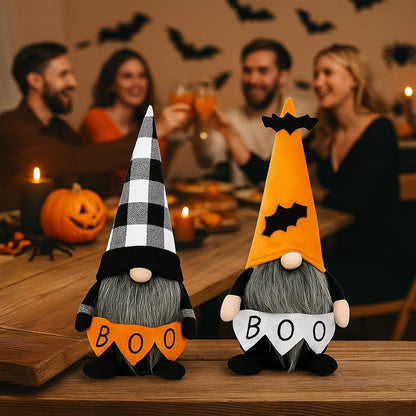 Halloween Gnomes Decoration 2 Pack Figures- 10.6'' Plush Gnome Decorations with Boo & Bat Designs, Cute Home Decor for Bookshelf, Window, Porch, Party, Halloween New Year Gift (Boo & Bat Gnomes)