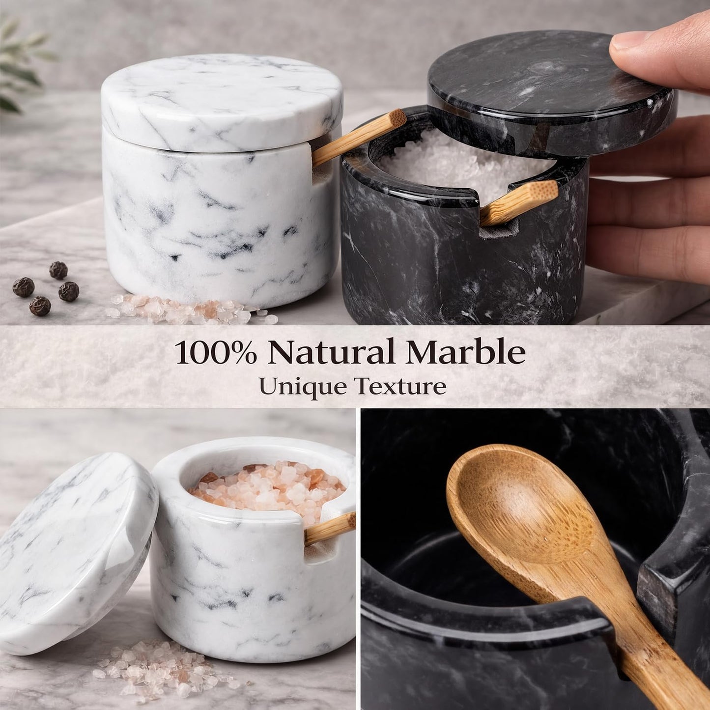 FoldTier 2 Set Marble Salt Cellar with Lid and Wooden Spoon Handcrafted Marble Salt Container Natural Spice Jars White Gray for Pepper Seasonings Small Round for Kitchen