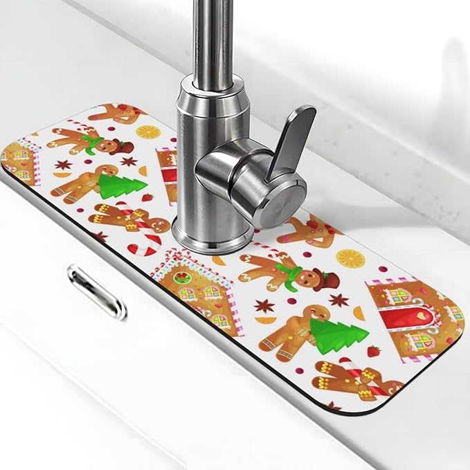 Christmas House Gingerbread Man Furits Kitchen Sink Splash Guard Faucet Mat 1