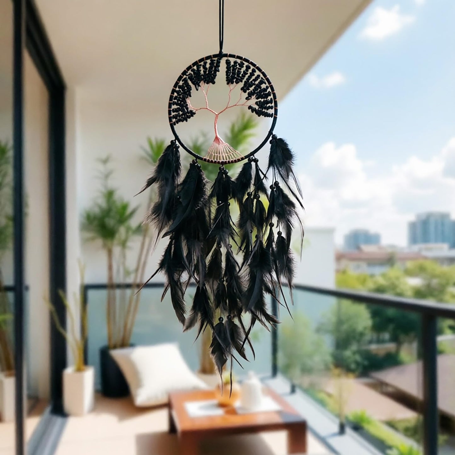RAGKUU Black Dream Catcher Wall Decor Crystal Tree of Life Dream Catchers Handmade Feather Dreamcatcher Wall Hanging Ornament for Bedroom Living Room Home Decor
