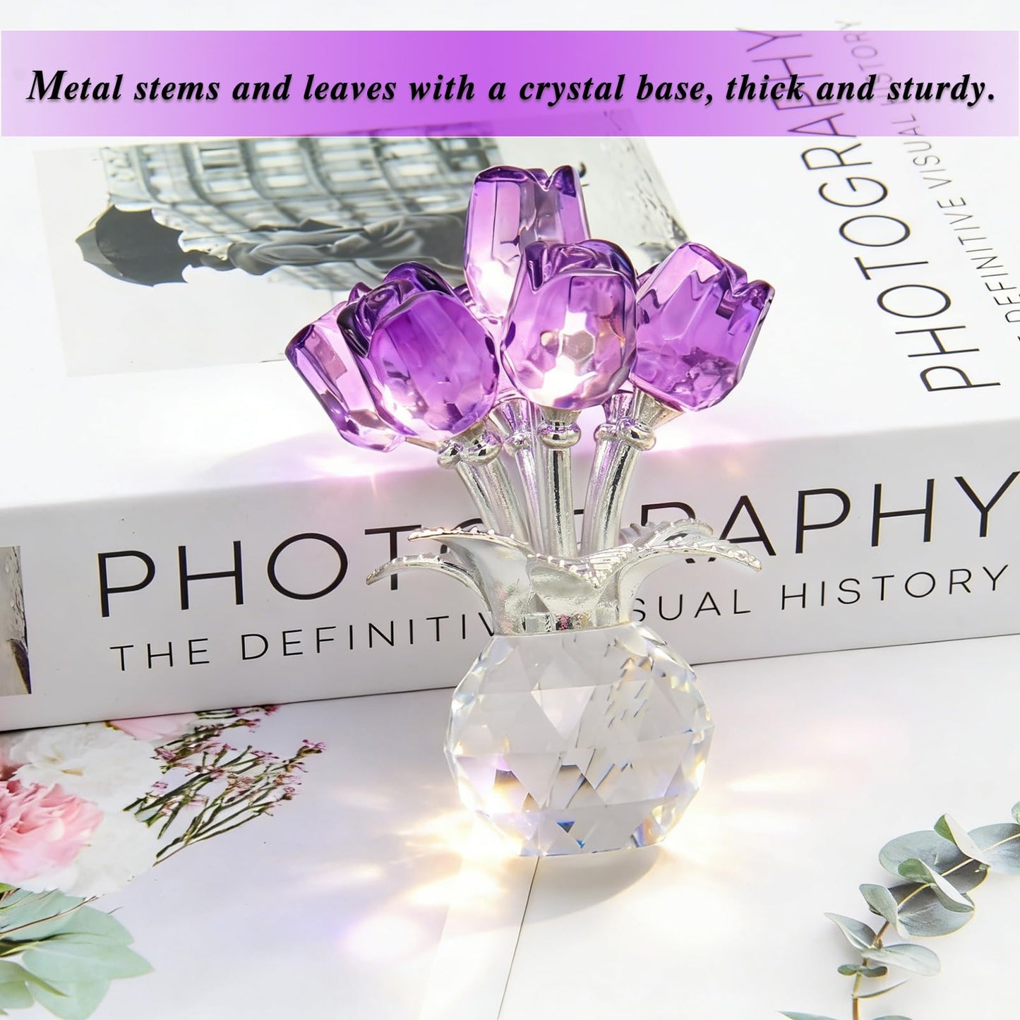 FINGHU Figurine Crystal Purple Rose Flower Collectible Figurine, Rose Gift for Women Glass Flower Statues Decor Valentine's Day Mother's Day Thanksgiving Anniversary and Birthday Gifts