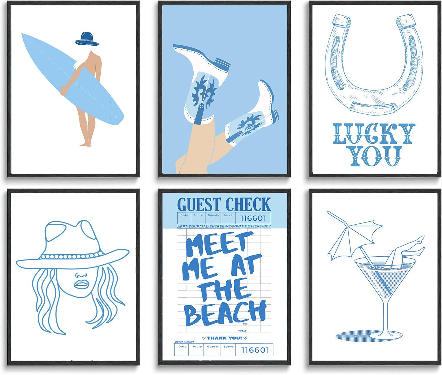 lkjhgf999 6Pcs Coastal Cowgirl Wall Art Surfer Girl Canvas Posters Blue beachy wall decor Cowgirl Room Decor Preppy Aesthetic Pictures Prints for Teen Girl Dorm Apartment Decoration 12x16in