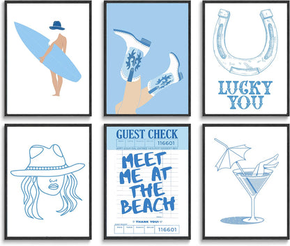 lkjhgf999 6Pcs Coastal Cowgirl Wall Art Surfer Girl Canvas Posters Blue beachy wall decor Cowgirl Room Decor Preppy Aesthetic Pictures Prints for Teen Girl Dorm Apartment Decoration 12x16in