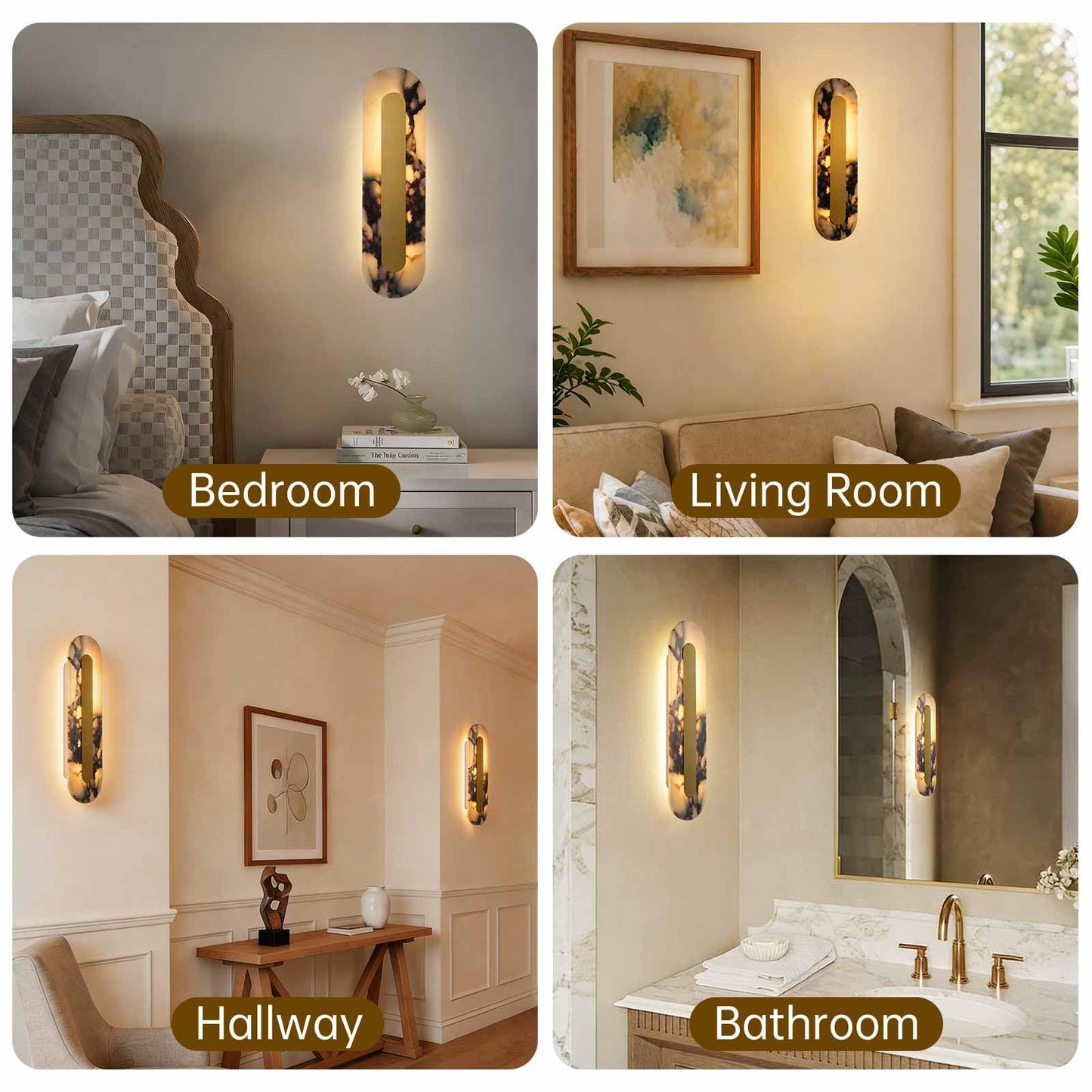 YMDHFS Alabaster Wall Sconce Oval Marble Wall Mount Light Gold Design Bathroom Vanity Light Natural Stone LED Warm Light for Living Room Bedroom Dining Room Hallway Indoor Lighting