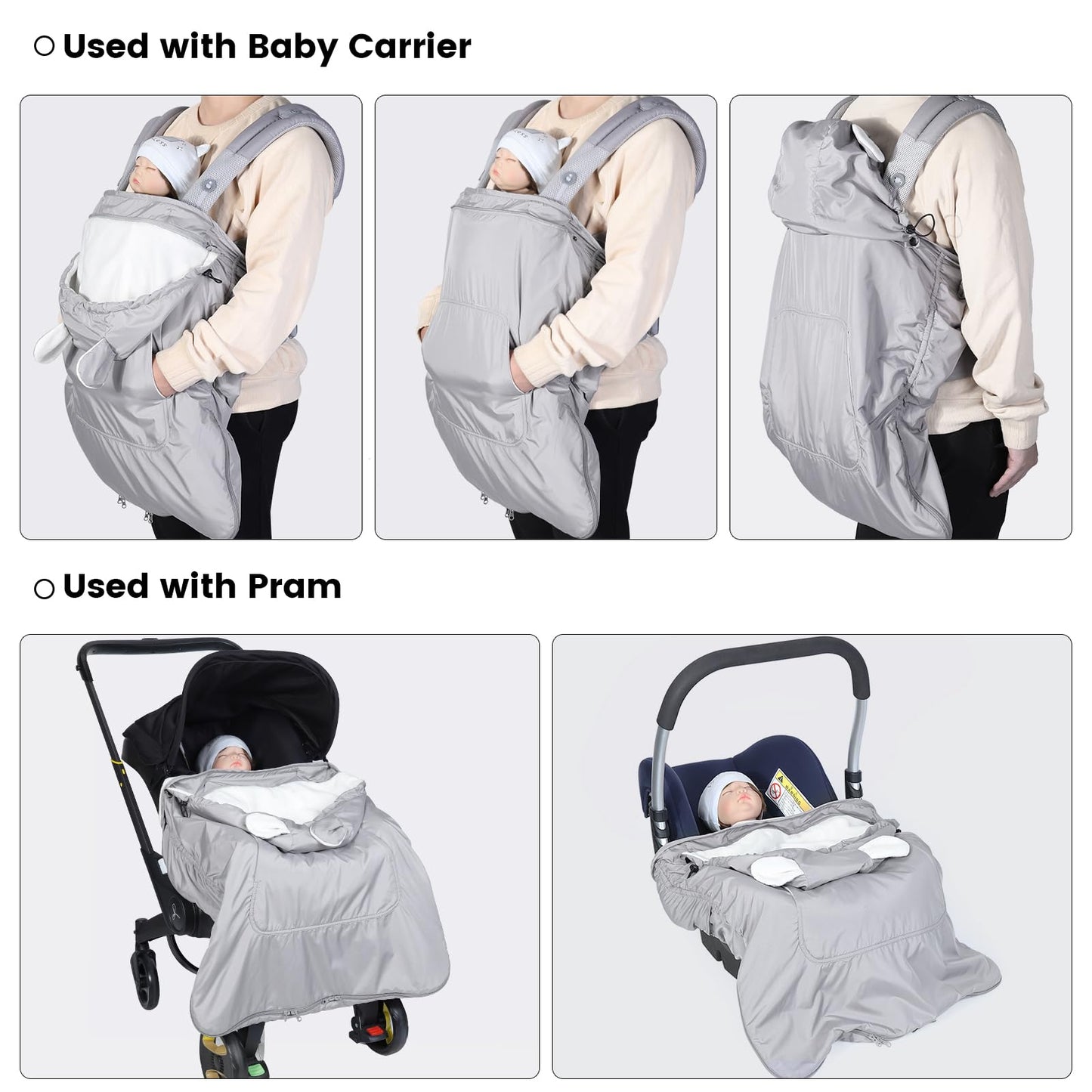 Orzbow Waterproof Baby Carrier Cover, Baby Carrier Cover Winter with Bag, Machine Washable, Central Pocket, Removable Drawstring Top, Bottom Double Two-Way Zippers, Light Grey Bear