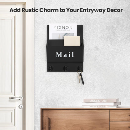 Lucundm Mail and Key Holder - Decorative 8.86" x 11.42" Wall Key Hanger with 2 Mail Organizer Slots and 3 Hooks - Real Paulownia Wood with Keyhole Brackets, Hardware and Instructions (Black)