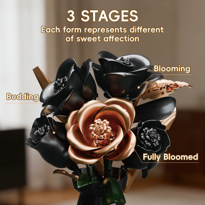 APENGBAOL Black Roses Flower Bouquet Building Set with Vase - 255 Pcs Botanical Collection with Rose Gold Accent Artificial Floral Centerpiece Gothic Home Decor Gift for Adults