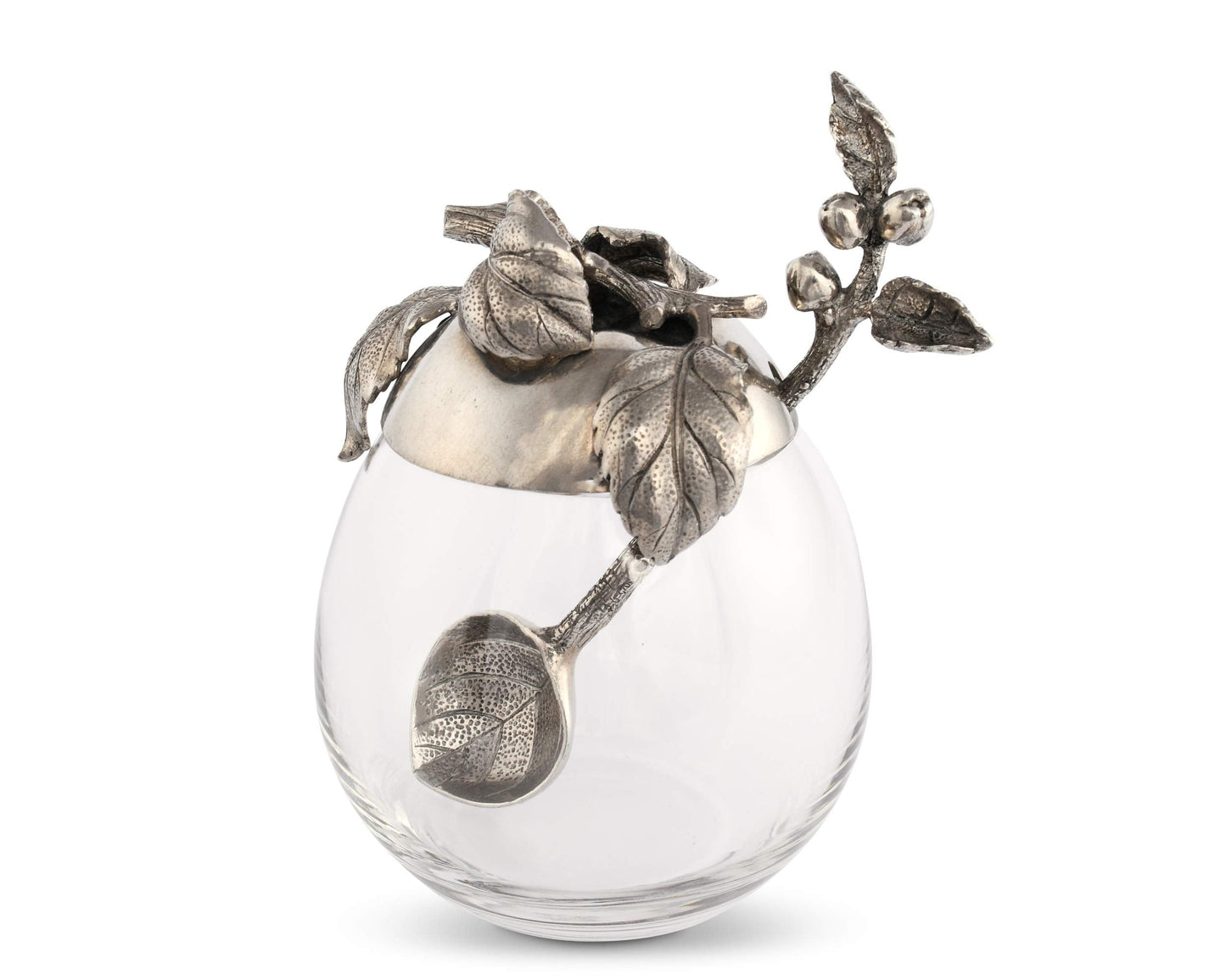 Vagabond House Honey Pot Jam Jelly Jar with Pewter Apple Lid and Spoon 4 inch Wide x 5 inch Tall
