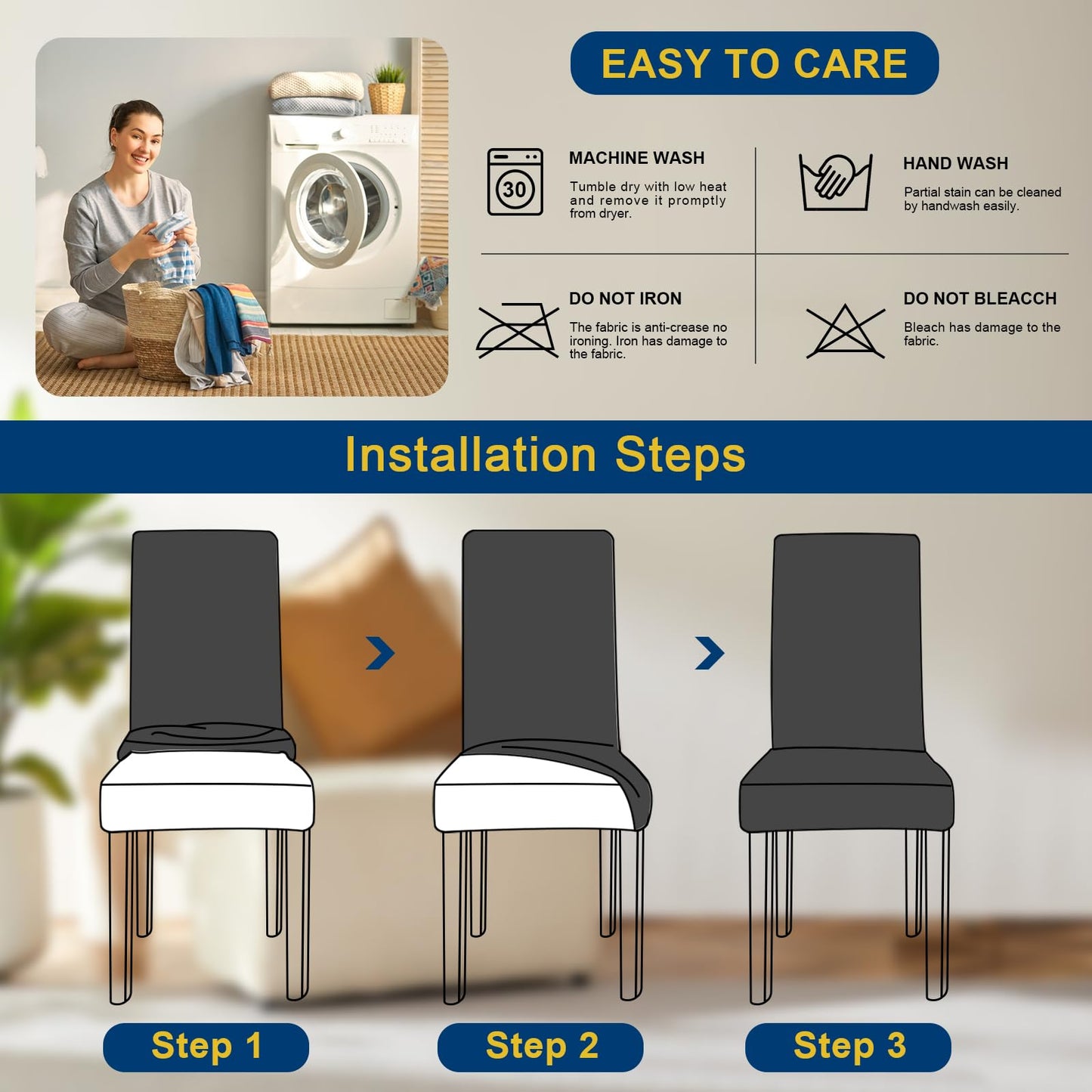 Fafua Chair Covers, Dining Room Chair Covers, Stretch Kitchen Chair Covers/Dining Room Chair Covers Set of 4, Removable Washable Dining Chair Slipcovers for Home, Hotel, Banquet, Linen Blue Pattern