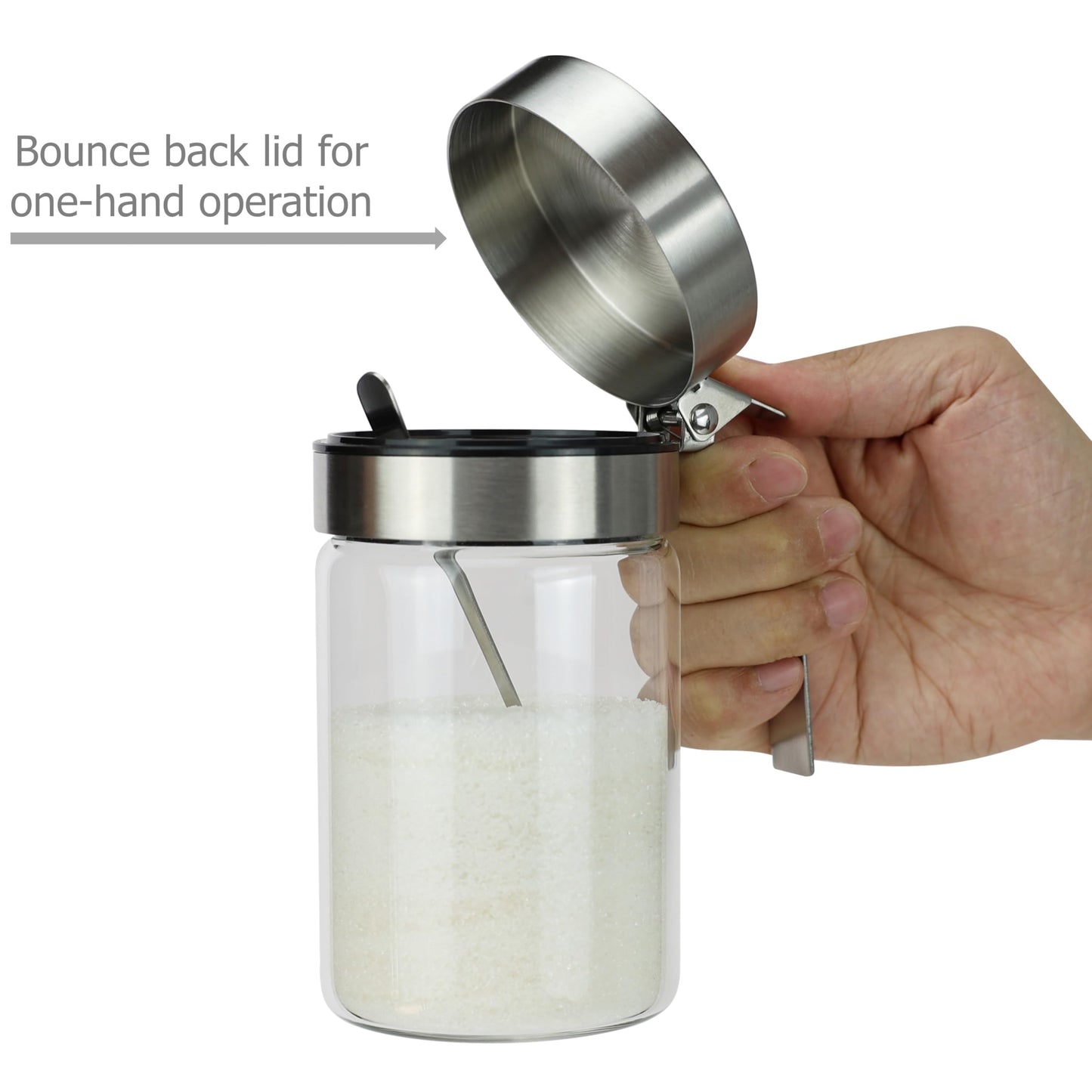 EIKS Glass Condiment Jars with Stainless Steel Lids and Spoons for Serving & Storing Sugar Spice Salt Seasoning in Home Kitchen Coffee Bar Restaurant, Container Capacity 450ml/14.5oz