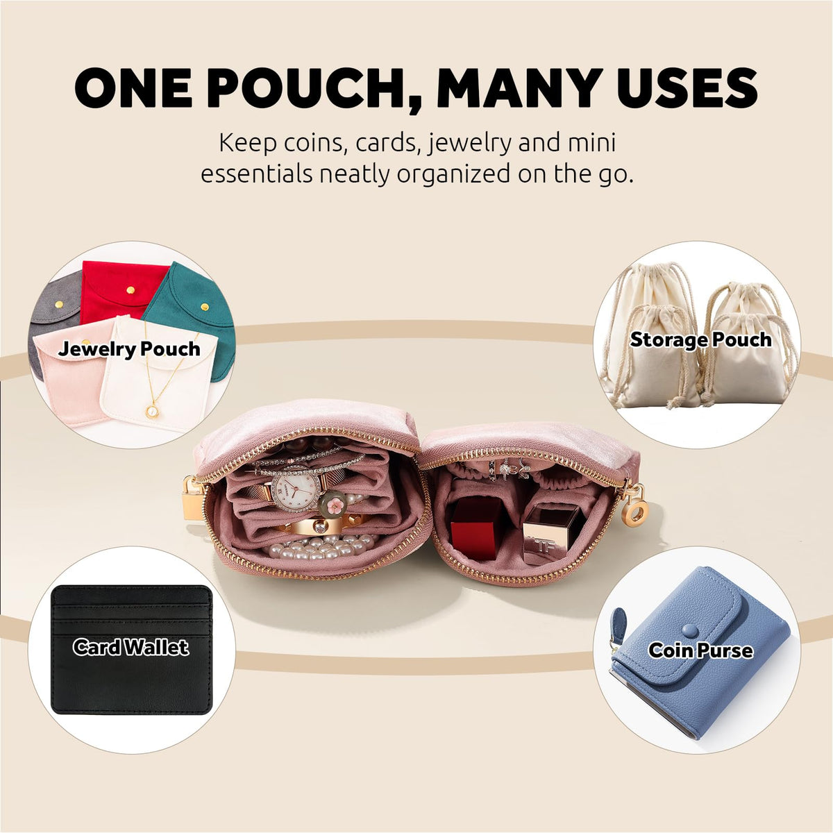 Lumayina Small Travel Jewelry Case Set 2-in-1 Detachable Velvet Pouches, Portable Jewelry Organizer Bag for Rings Earrings Bracelets, Gift Box for Women (Blush Pink)