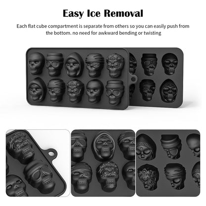 10-Cavity 3D Skull Mold Set,Silicone Ice Cube Mold Maker,for Chilling Whiskey Cocktail Beverages Pudding Chocolate Non-Stick Sugar Mold (3 pcs)