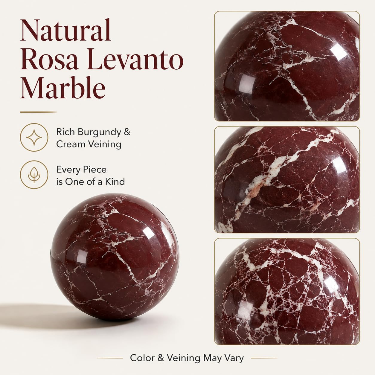 SIRIZEN-DIVING Rosa Levanto Natural Marble Decorative Sphere, Small Solid Stone Ball Accent for Shelf, Tray, Dresser and Tabletop Decor, 6cm Diameter