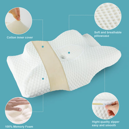 Cervical Memory Foam Pillow for Neck Pain Relief, 2 in 1 Orthopedic Sleeping Pillow, Shoulder Pain Ergonomic Head Neck Support Pillow for Side/Back/Stomach Sleepers with Removable Cover, White