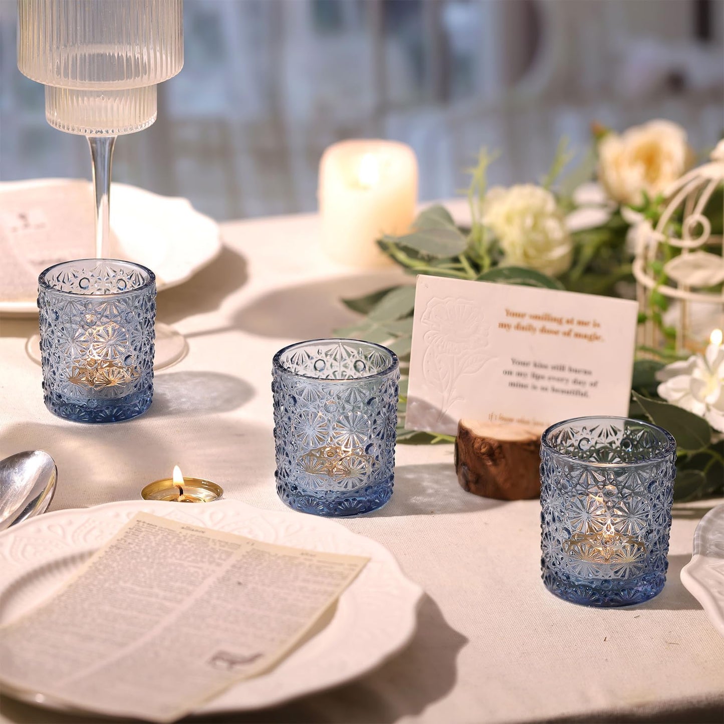Lanttu Blue Votive Candle Holder Set of 12, Flower Tea Lights Candles Holders for Wedding Table Centerpieces, Birthday Parties, Home Decor, Blue Bridal Shower and Holiday Decorations