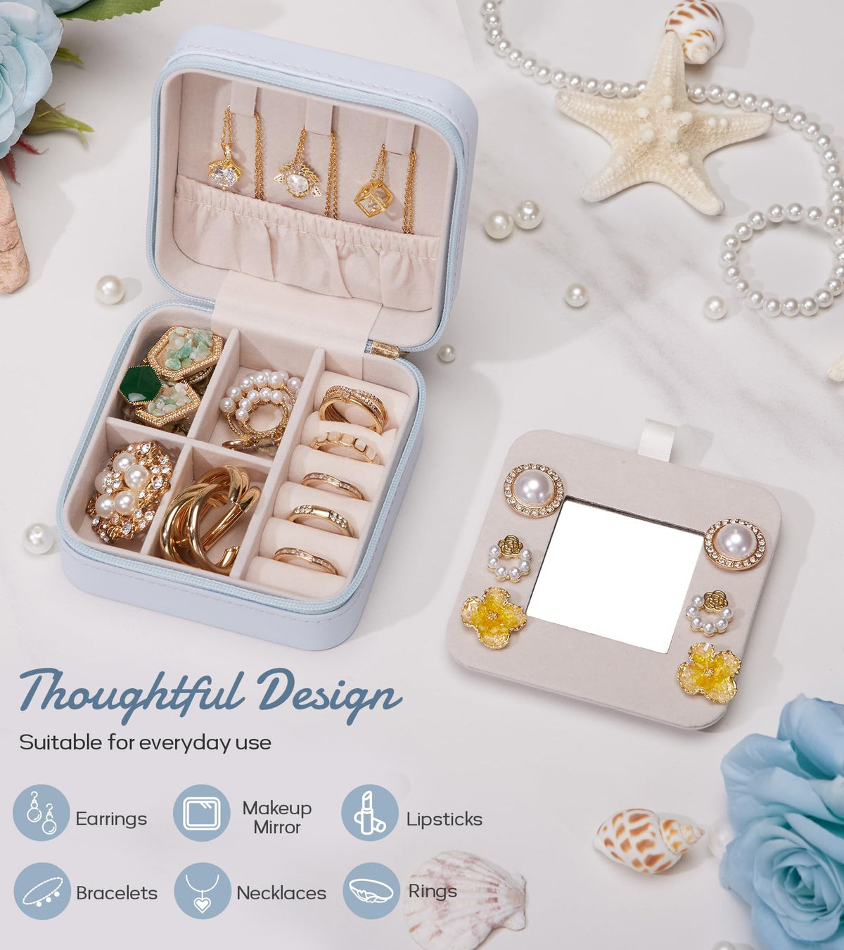 Enthralite Travel Jewelry Box for Gift: Traveling Jewelry Case for Girls Women - Mini Organizer for Necklaces Earrings Blue L