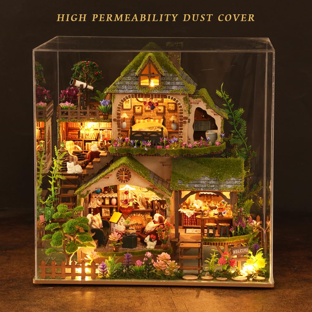 Yuzhen DIY Miniature Dollhouse with Furniture and LED Lights, Wooden Dollhouse Includes Dustcover and Music Movement