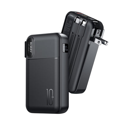 RORRY Portable Charger Built in Cables, AC Wall Plug In Portable Charger Power Bank 10000mAh Travel Battery Pack 22.5W Fast Charging for iPhone 17/16/15 Samsung Galaxy S25/S24/S23 Pixel LG iPad, Black
