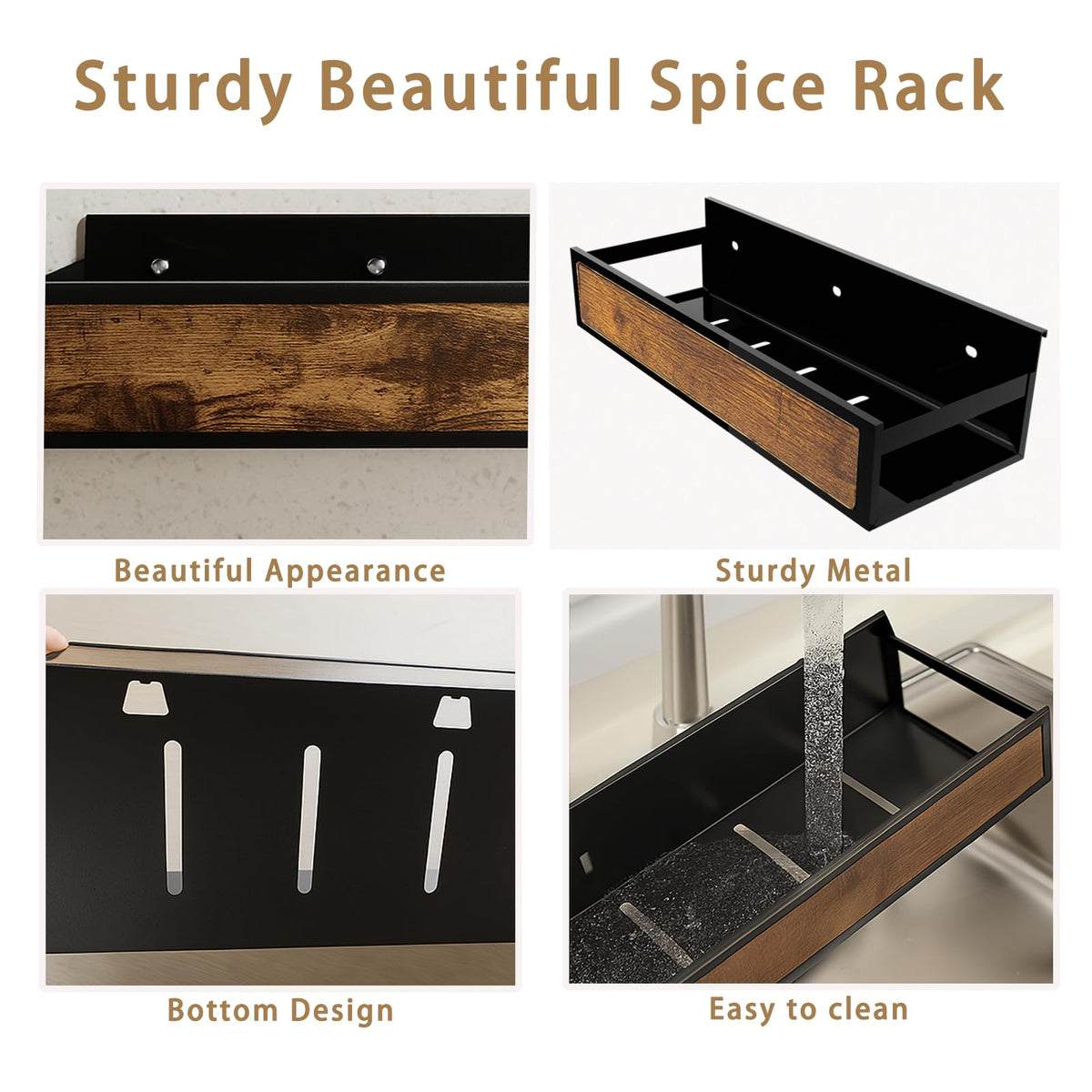 ROURANB Spice Rack Wall Mount for Large Spice Jars, 6 Pack Ironwood Spice Organizer shelf for Rustic, Industrial and Modern Kitchens,Quick Adhesive Strips and Screws for Mounting (Engineered Wood)