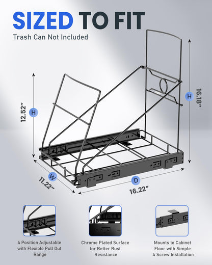 SOCONT Pull Out Trash Can Under Cabinet Adjustable Trash Can Holder for 7 to 11 Gallon Bin Bottom Mount Slide Out Trash Rack for Narrow Cabinets(Black, No Bin Included)