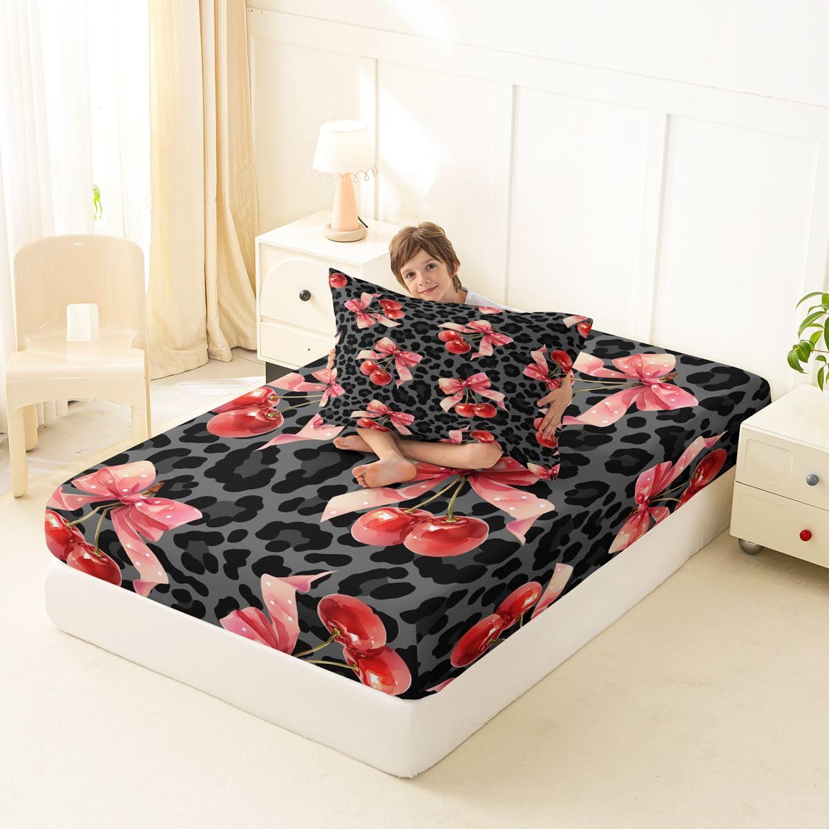 jejeloiu Black Cherry Bow Fitted Sheet Twin Size for Kids Boys Girls Leopard Print Bowknot Bed Sheets Set 16" Deep Pocket Dreamy Princess Bowknot Bedding with 1 Pillowcase Room Decor