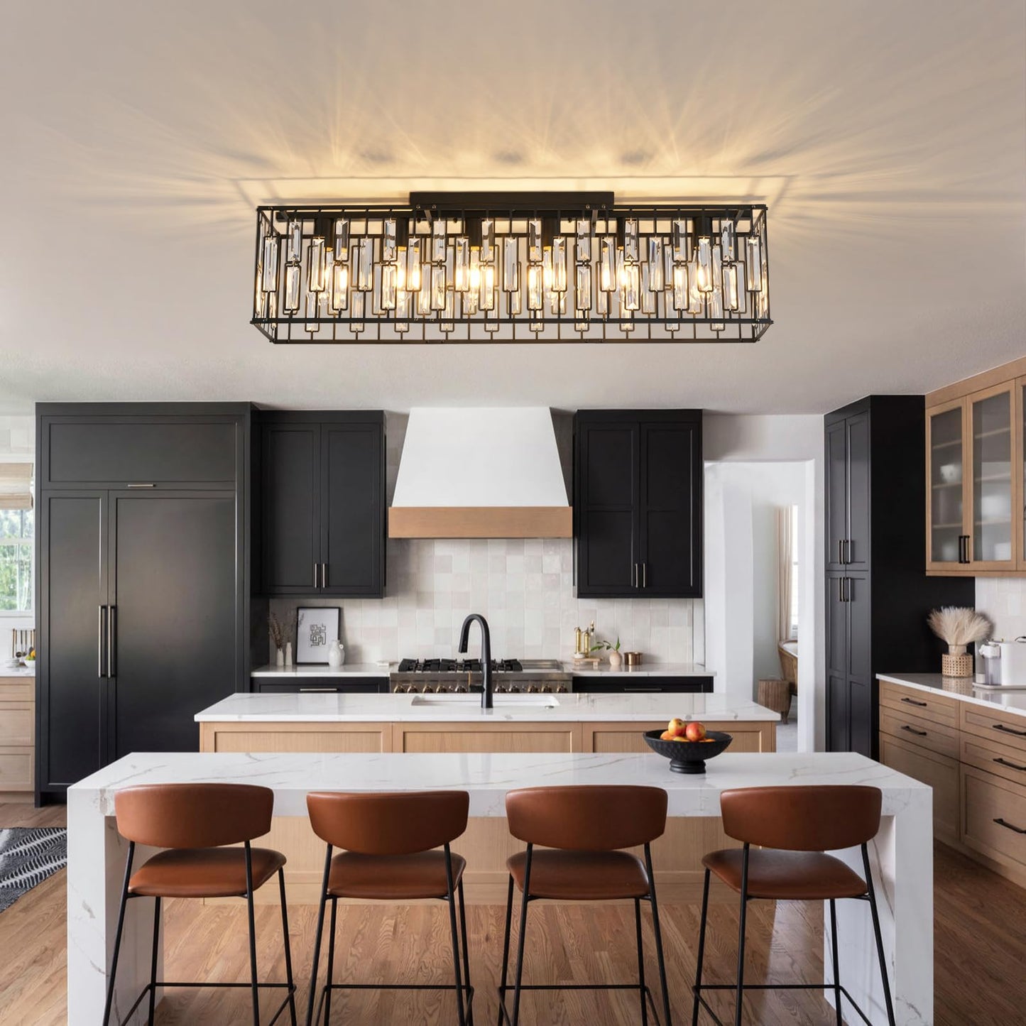 Garwarm 38.7 inch Modern Ceiling Light,6-Light Crystal Chandelier Black Rectangle Chandeliers, Dining Room Light Fixture Flush Mount for Living Room Kitchen Island Bar
